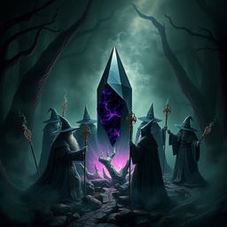 A mesmerizing fantasy scene showcasing a mysterious Dark Crystal, with deep hues of black and violet, emanating an aura of dark energy in a shadowy, enchanting forest