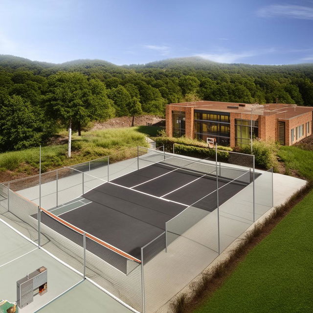 Enhance the existing image by adding an exceptional outdoor area featuring a basketball court, a tennis court, and an impressive swimming pool.