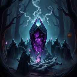 A mesmerizing fantasy scene showcasing a mysterious Dark Crystal, with deep hues of black and violet, emanating an aura of dark energy in a shadowy, enchanting forest