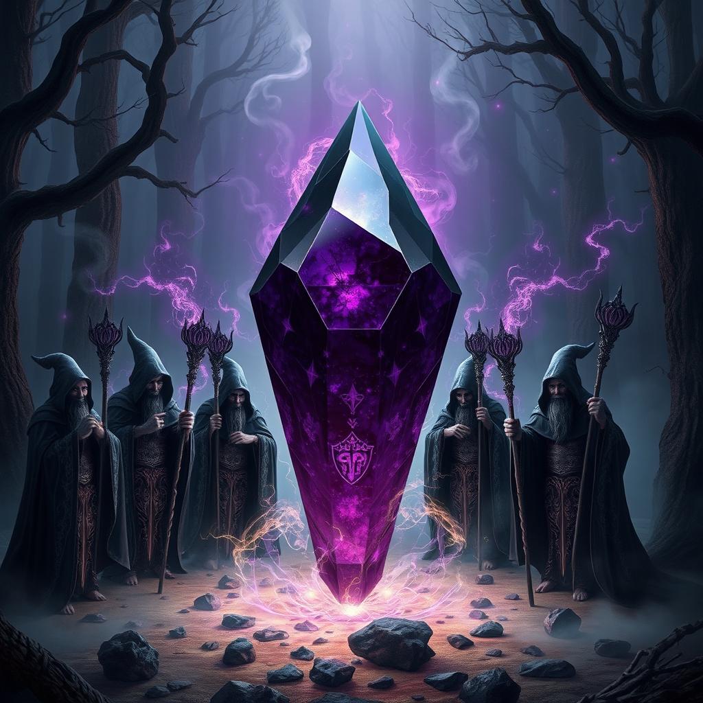 A mesmerizing fantasy scene showcasing a mysterious Dark Crystal, with deep hues of black and violet, emanating an aura of dark energy in a shadowy, enchanting forest