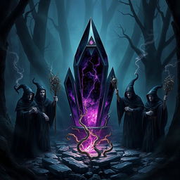 A mesmerizing fantasy scene showcasing a mysterious Dark Crystal, with deep hues of black and violet, emanating an aura of dark energy in a shadowy, enchanting forest