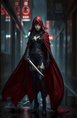 A striking and mysterious assassin girl named Black Swan, dressed in a flowing dark red cloak that billows dramatically around her