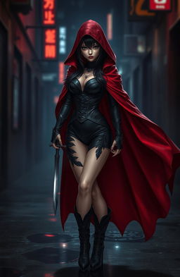 A striking and mysterious assassin girl named Black Swan, dressed in a flowing dark red cloak that billows dramatically around her