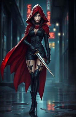 A striking and mysterious assassin girl named Black Swan, dressed in a flowing dark red cloak that billows dramatically around her