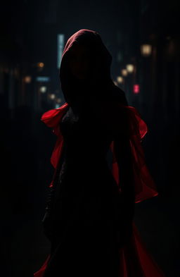 A mysterious, dark-themed scene featuring a woman embodying the persona of Black Swan