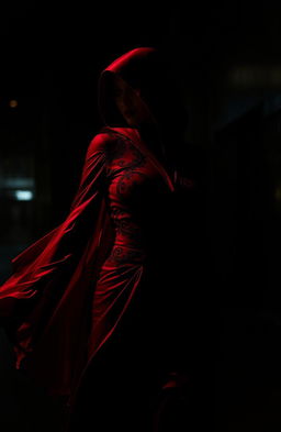 A mysterious, dark-themed scene featuring a woman embodying the persona of Black Swan
