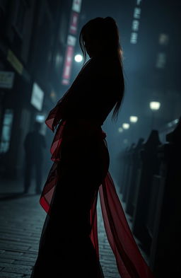 A mysterious, dark-themed scene featuring a woman embodying the persona of Black Swan