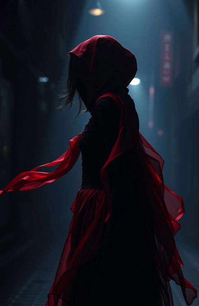 A mysterious, dark-themed scene featuring a woman embodying the persona of Black Swan