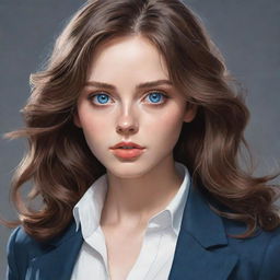 Illustrate a girl with captivating blue eyes and ash brown hair, endowed with beauty, dressed in agent-style attire. The aesthetic should reflect a manwha art style.