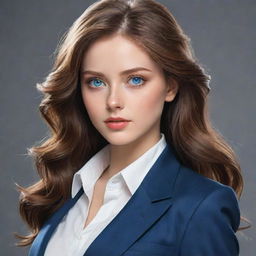 Illustrate a girl with captivating blue eyes and ash brown hair, endowed with beauty, dressed in agent-style attire. The aesthetic should reflect a manwha art style.