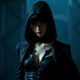 A mysterious assassin girl dressed in a sleek, black outfit, exuding an aura of dark elegance