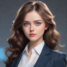 Illustrate a girl with captivating blue eyes and ash brown hair, endowed with beauty, dressed in agent-style attire. The aesthetic should reflect a manwha art style.