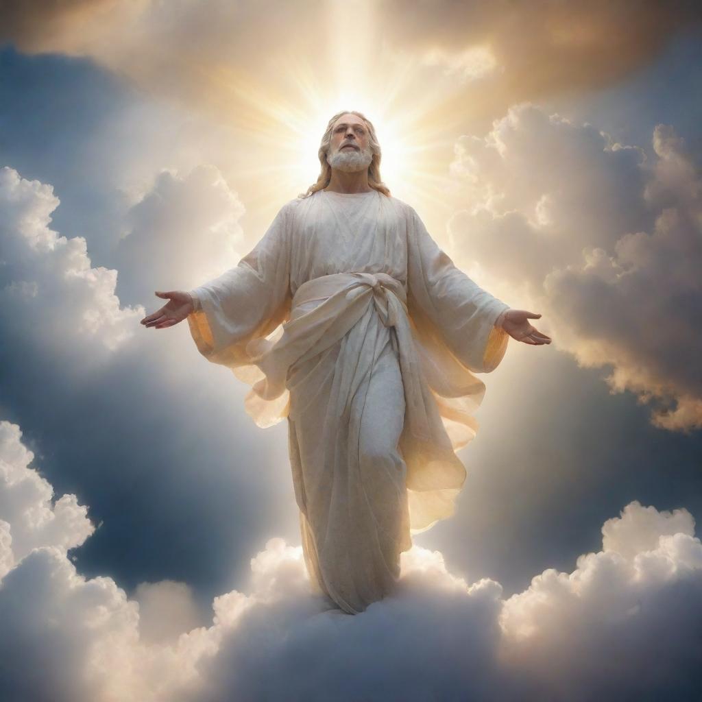 Generate an inspiring image representing the concept of God as a radiant divine light or as a heavenly figure embraced by clouds and celestial luminescence.