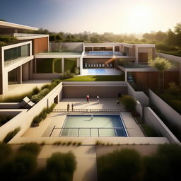 Enhance the existing image by adding an outstanding outdoor area with a basketball court, tennis court, swimming pool, and LeBron James engaged in a victorious tennis match.