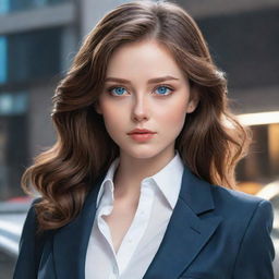 Illustrate a girl with captivating blue eyes and ash brown hair, endowed with beauty, dressed in agent-style attire. The aesthetic should reflect a manwha art style.