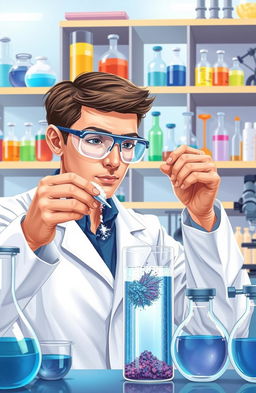 A highly detailed illustration of a scientist in a laboratory, reconstituting a powder into a liquid solution