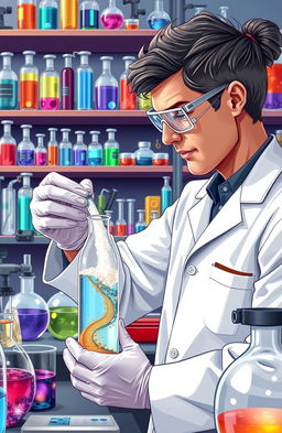 A highly detailed illustration of a scientist in a laboratory, reconstituting a powder into a liquid solution