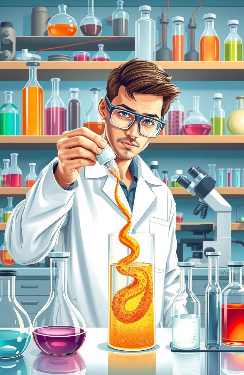 A highly detailed illustration of a scientist in a laboratory, reconstituting a powder into a liquid solution