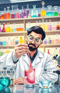 A highly detailed illustration of a scientist in a laboratory, reconstituting a powder into a liquid solution