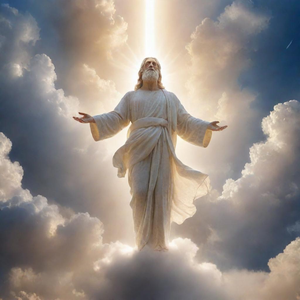 Generate an inspiring image representing the concept of God as a radiant divine light or as a heavenly figure embraced by clouds and celestial luminescence.