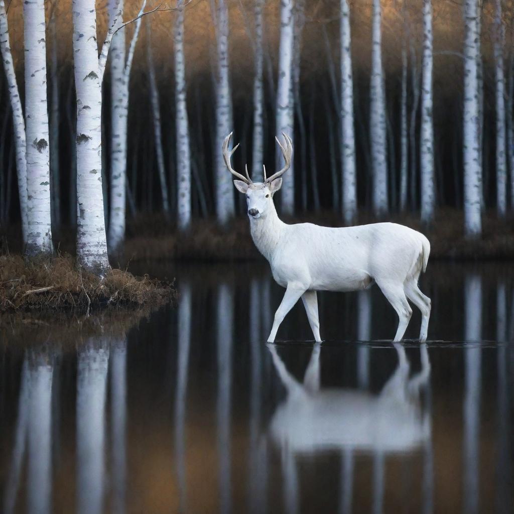 A majestic white deer walking on the surface of a tranquil lake, bathed in shimmering moonlight, with slender birch trees encircling the scene.