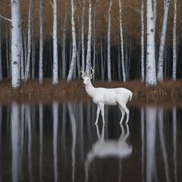 A majestic white deer walking on the surface of a tranquil lake, bathed in shimmering moonlight, with slender birch trees encircling the scene.