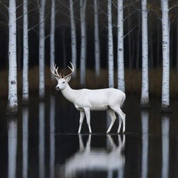 A majestic white deer walking on the surface of a tranquil lake, bathed in shimmering moonlight, with slender birch trees encircling the scene.