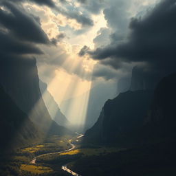 A breathtaking dramatic background featuring towering mountains shrouded in mist, with dark storm clouds rolling in above