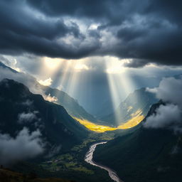 A breathtaking dramatic background featuring towering mountains shrouded in mist, with dark storm clouds rolling in above