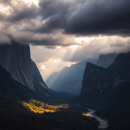 A breathtaking dramatic background featuring towering mountains shrouded in mist, with dark storm clouds rolling in above