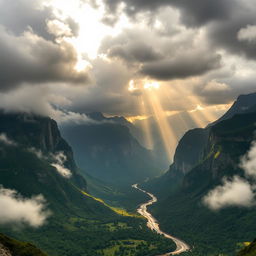 A breathtaking dramatic background featuring towering mountains shrouded in mist, with dark storm clouds rolling in above