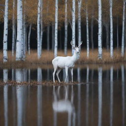 A majestic white deer walking on the surface of a tranquil lake, bathed in shimmering moonlight, with slender birch trees encircling the scene.