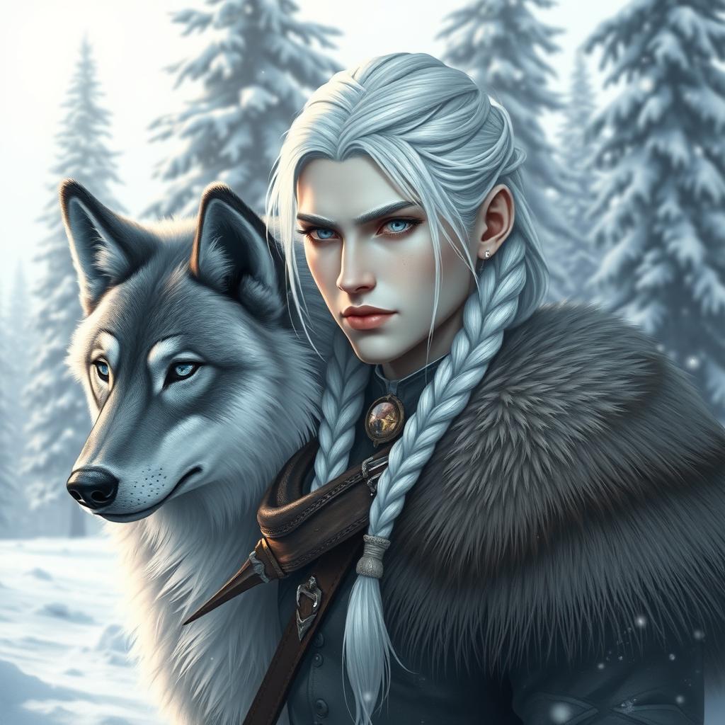 A winter eladrin male, showcasing striking features with snow white hair styled in a dutch braid, and ivory skin that glistens under the winter sun