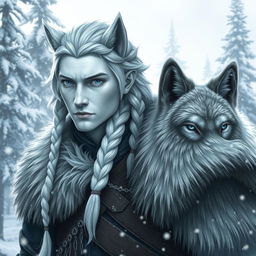 A winter eladrin male, showcasing striking features with snow white hair styled in a dutch braid, and ivory skin that glistens under the winter sun