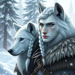 A winter eladrin male, showcasing striking features with snow white hair styled in a dutch braid, and ivory skin that glistens under the winter sun