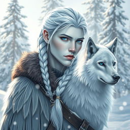 A winter eladrin male, showcasing striking features with snow white hair styled in a dutch braid, and ivory skin that glistens under the winter sun
