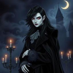 A captivating vampire character for a gothic novel cover, featuring a tall, elegant figure with pale skin and sharp features