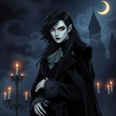 A captivating vampire character for a gothic novel cover, featuring a tall, elegant figure with pale skin and sharp features