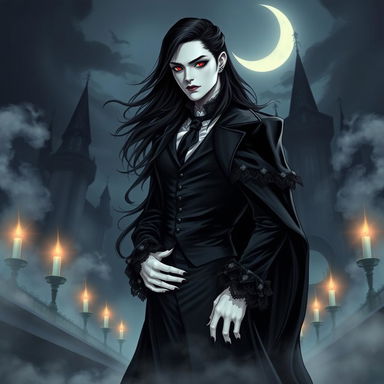 A captivating vampire character for a gothic novel cover, featuring a tall, elegant figure with pale skin and sharp features