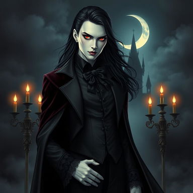 A captivating vampire character for a gothic novel cover, featuring a tall, elegant figure with pale skin and sharp features
