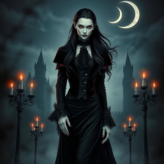 A captivating vampire character for a gothic novel cover, featuring a tall, elegant figure with pale skin and sharp features