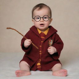 An endearing image of a baby modeled after Harry Potter, complete with glasses, tiny Gryffindor robe, and a toy wand in their hand.