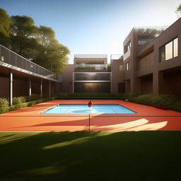 Enhance the existing image by adding an outstanding outdoor area with a basketball court, tennis court, swimming pool, and LeBron James engaged in a victorious tennis match.