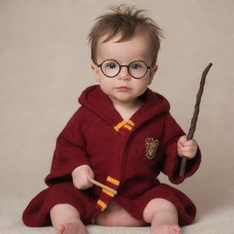 An endearing image of a baby modeled after Harry Potter, complete with glasses, tiny Gryffindor robe, and a toy wand in their hand.