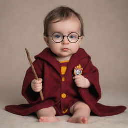 An endearing image of a baby modeled after Harry Potter, complete with glasses, tiny Gryffindor robe, and a toy wand in their hand.