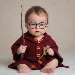 An endearing image of a baby modeled after Harry Potter, complete with glasses, tiny Gryffindor robe, and a toy wand in their hand.