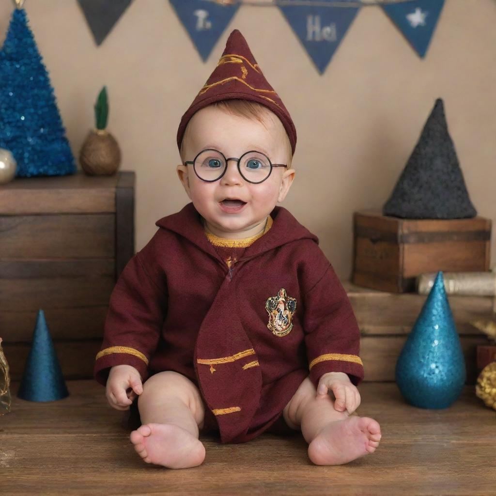 Create a playful image of a baby dressed as Harry Potter at a festive party, surrounded by wizard-themed decorations and guests in fun outfits.