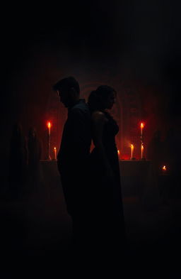 A dark, moody cover photo for a horror fiction book depicting a couple standing back-to-back, looking tense and determined, surrounded by ominous shadows and flickering candlelight