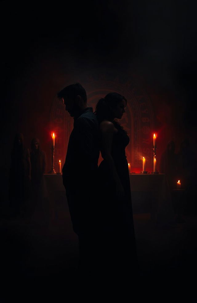 A dark, moody cover photo for a horror fiction book depicting a couple standing back-to-back, looking tense and determined, surrounded by ominous shadows and flickering candlelight