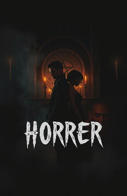 A dark, moody cover photo for a horror fiction book depicting a couple standing back-to-back, looking tense and determined, surrounded by ominous shadows and flickering candlelight